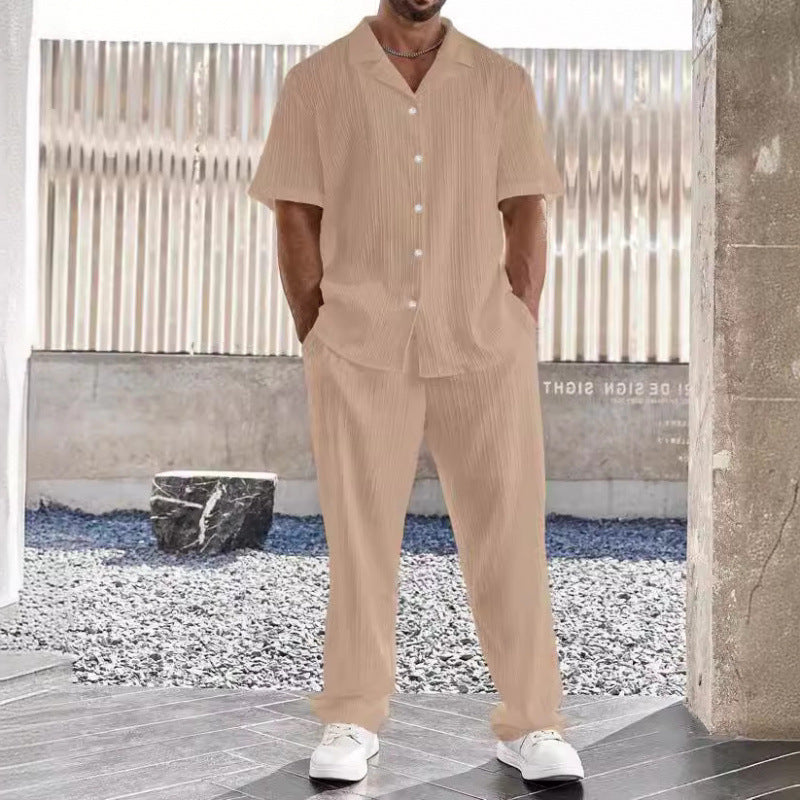Men’s Casual Set – Lightweight Cotton Blend – Relaxed Fit – Button Shirt & Pants