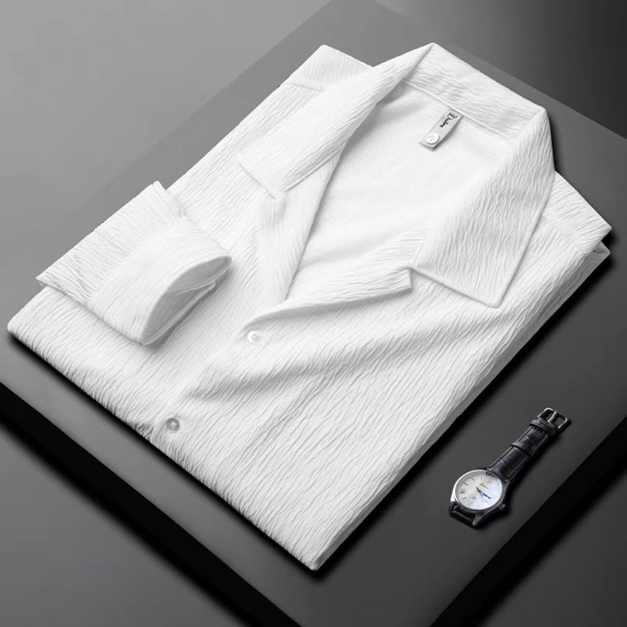 Men’s Long-Sleeve Shirt – Cuban Collar – Pleated Texture – Relaxed Structured Fit