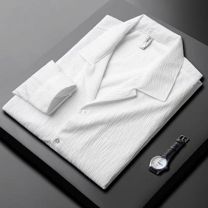 Men’s Long-Sleeve Shirt – Cuban Collar – Pleated Texture – Relaxed Structured Fit