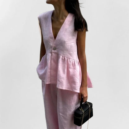 Women’s Vest – Linen Blend – Relaxed Fit – Peplum Waist – Sleeveless V-Neck