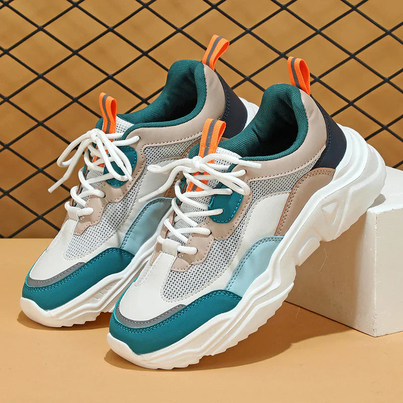 Women’s Low-Top Chunky Sneakers - Synthetic - Leather Mesh - Lace-Up Cushioned Sole