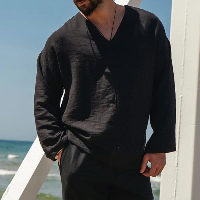 Men’s Linen Shirt – Relaxed Fit – V-Neck – Long Sleeve Lightweight Casual