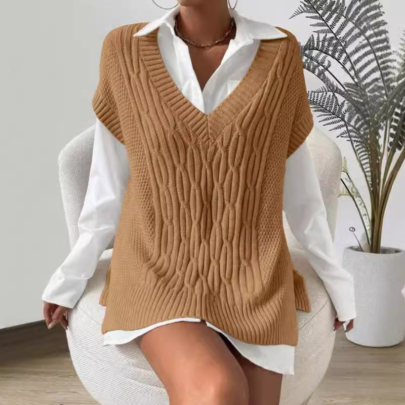 Women’s Sweater Vest – Cable Knit Wool Blend – Oversized Fit – Deep V-Neck Ribbed Hem