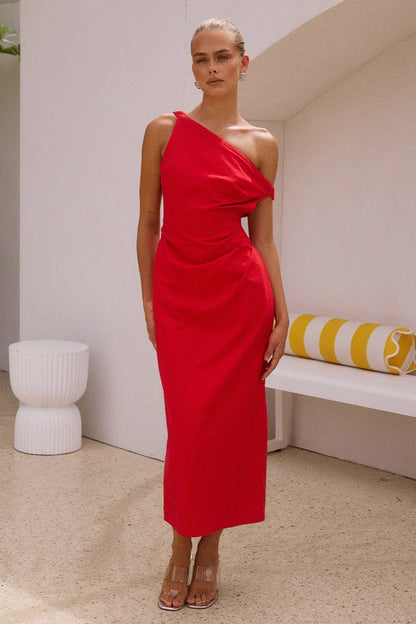 Women’s Midi Dress – One Shoulder – Slim Fit – Satin Look – Draped Bodice Elegance