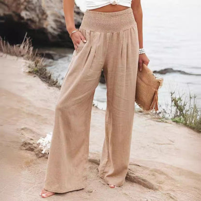 Women’s Wide Leg Pants – Breathable Blend – Relaxed Fit – Elastic Waist Full Length