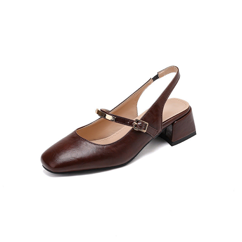 Women’s Slingback Heels – Square Toe – Studded Strap – Block Heel – Polished Finish