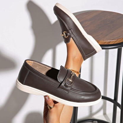 Women’s Loafers – Streamlined Fit – Flat Sole – Slip-On – Metal Accent – Polished Finish