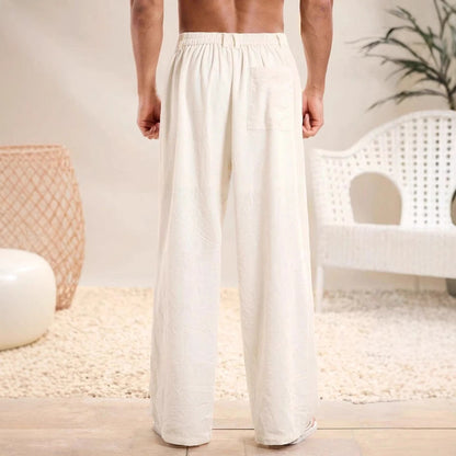 Men’s Casual Trousers – Cotton Linen Blend – Relaxed Fit – Elastic Waist – Full Length