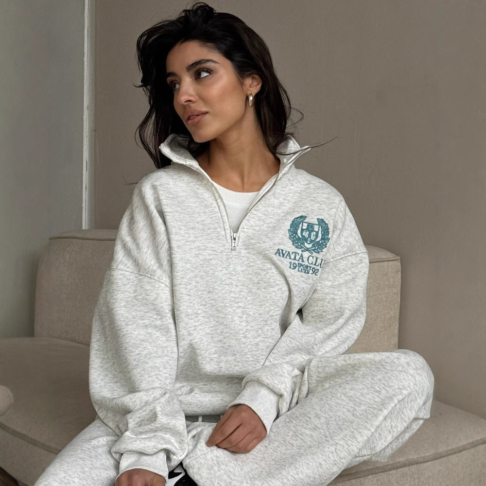 Women’s Sweatshirt – Oversized Fit – Half Zip – Embroidered Front – Cotton Blend