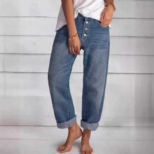 Women’s Denim Jeans – High Waist – Relaxed Fit – Button Fly – Rolled Cuff – Casual Style