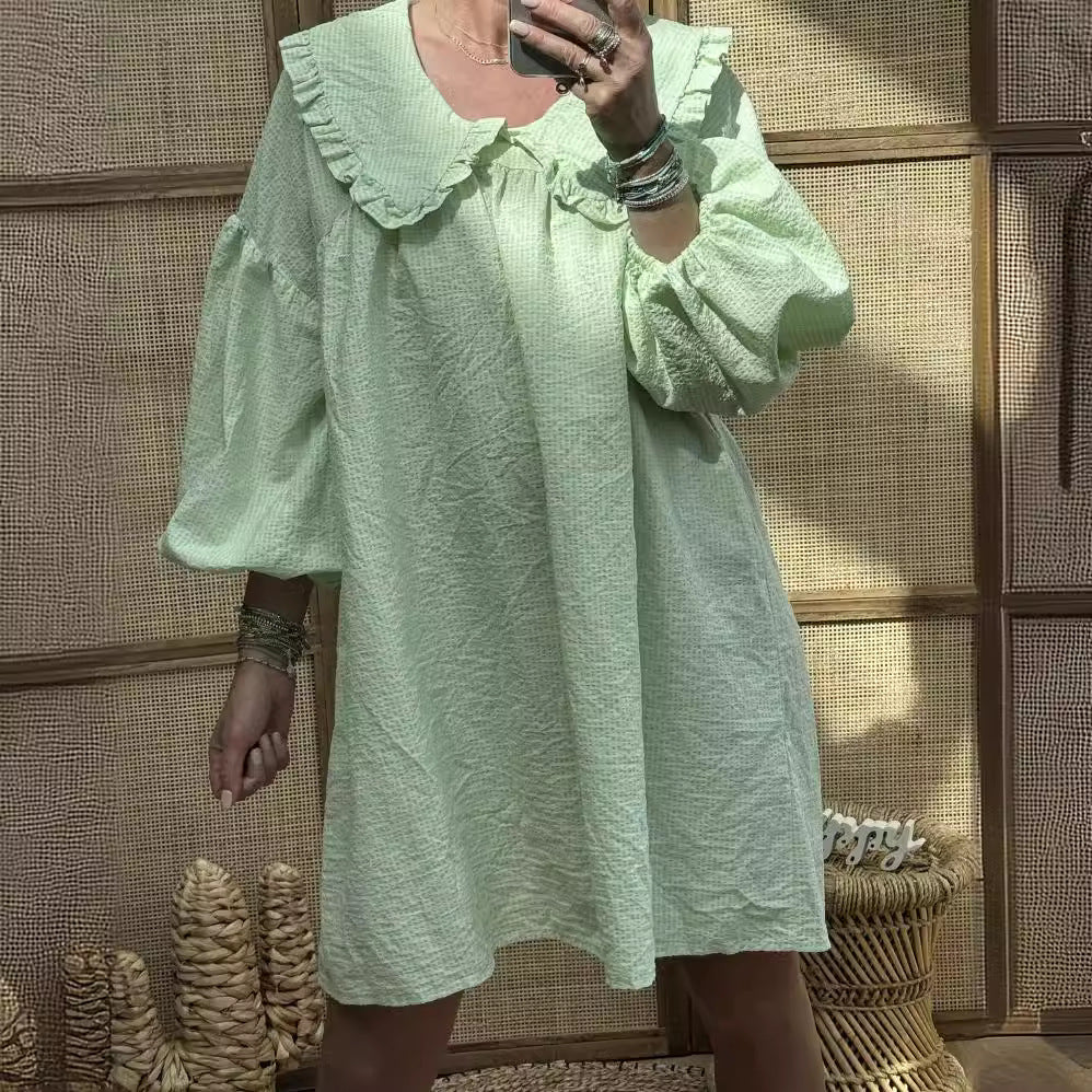 Women’s A-Line Dress – Cotton Checkered – Ruffled Collar – Balloon Sleeve – Short Length