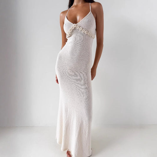 Women’s Knit Dress – Bodycon Fit – Spaghetti Straps – 3D Floral Detail – Full Length