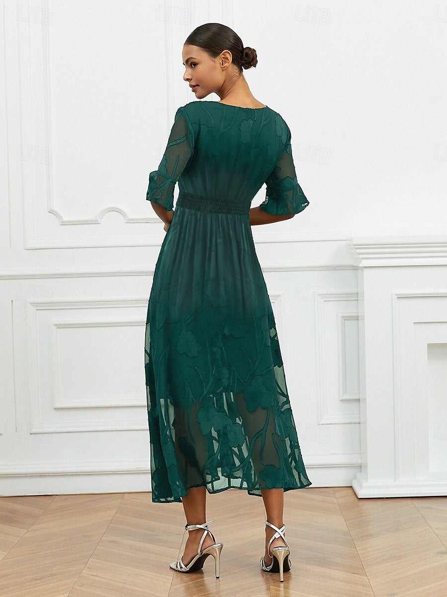Women’s Maxi Dress – Lace Floral – V-Neck – Flutter Sleeve – Semi-Formal Fit