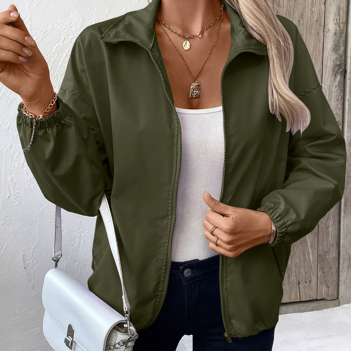 Women’s Casual Jacket – Waterproof – Relaxed Fit – Zip Front – Elastic Cuffs – Hip Length