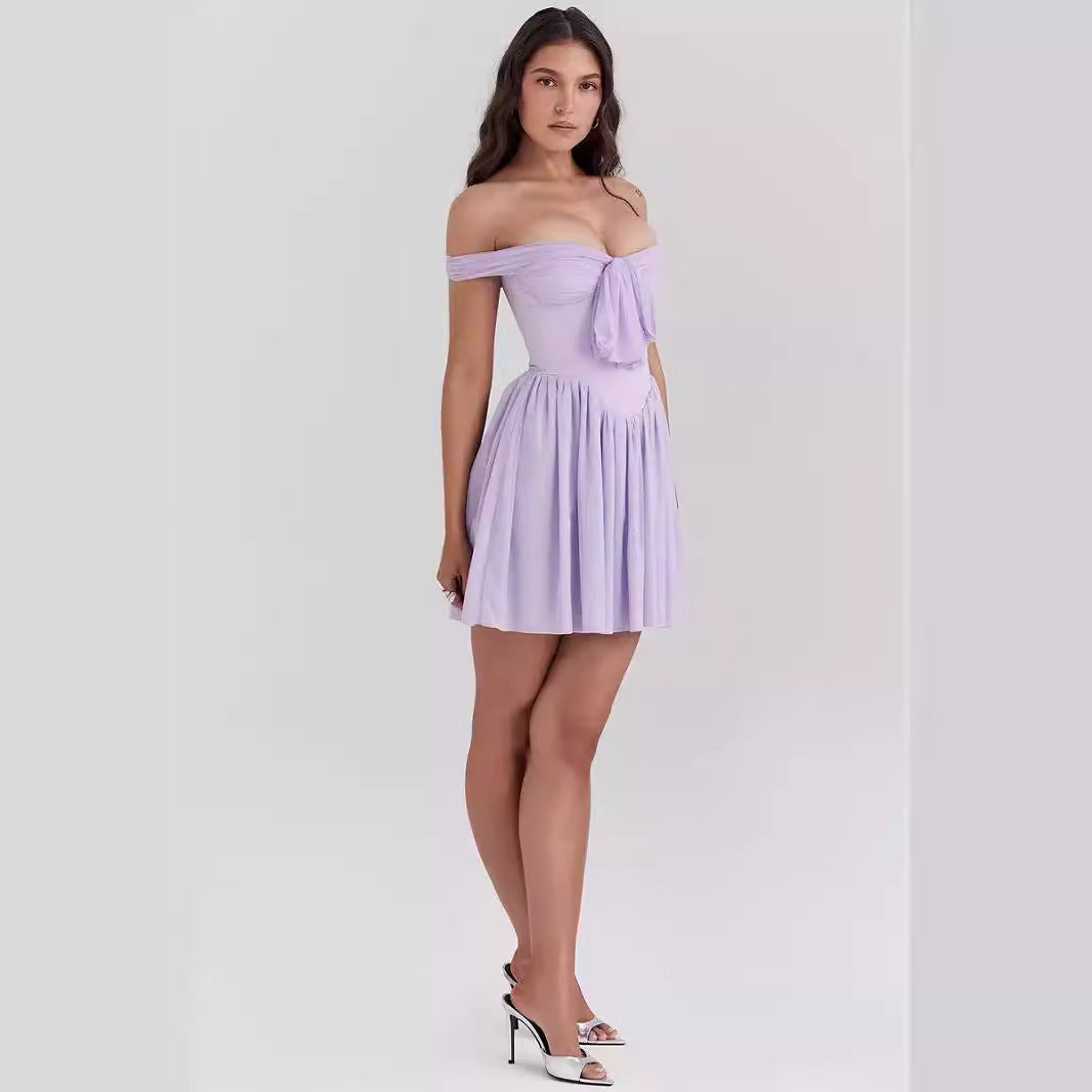 Women’s Mini Dress – Off Shoulder – Bow Front – Fit and Flare – Lightweight Casual Wear