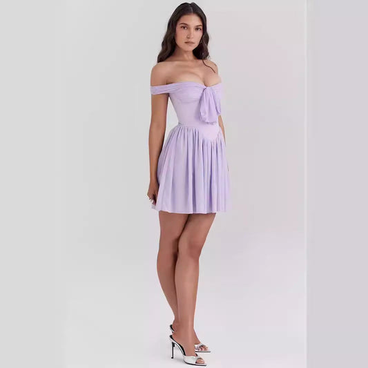 Women’s Mini Dress – Off Shoulder – Bow Front – Fit and Flare – Lightweight Casual Wear