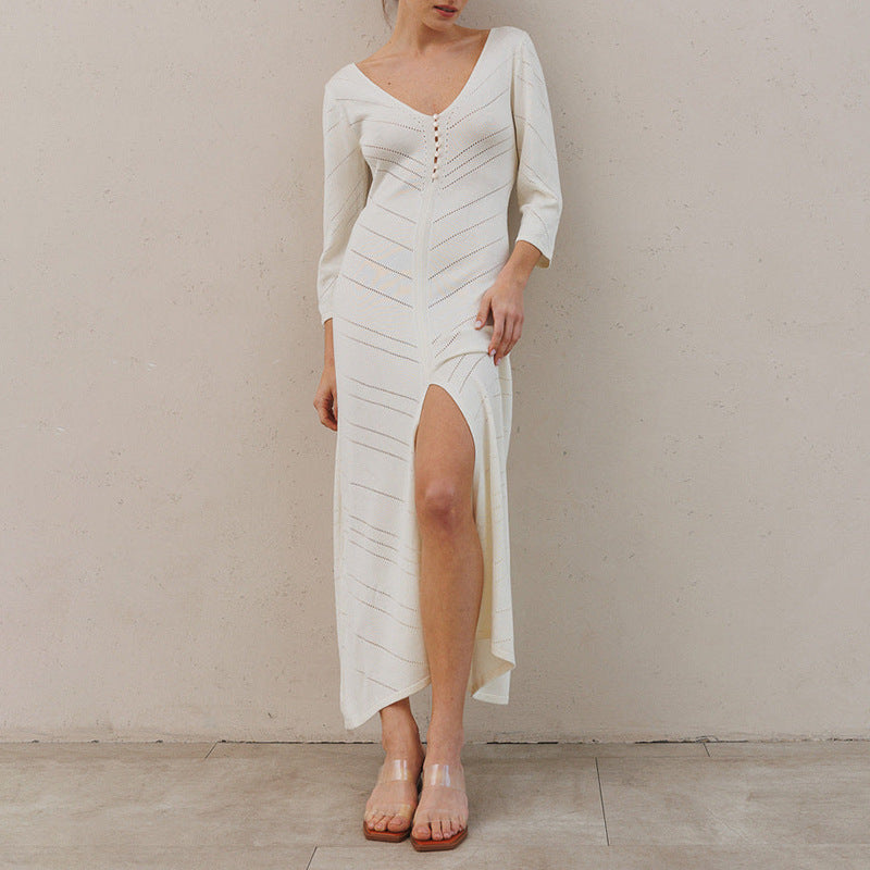 Women’s Knit Maxi Dress – Slim Fit – V-Neck – High Slit – Openwork Sleeves
