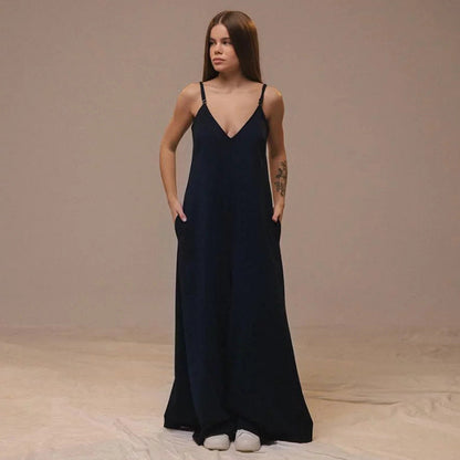 Women’s Jumpsuit – Linen Blend – Loose Fit – Wide Leg – Sleeveless Tie Waist