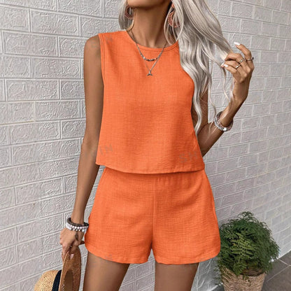 Women’s Top and Shorts Set – Lightweight Linen Feel – Relaxed Fit – Sleeveless Casual