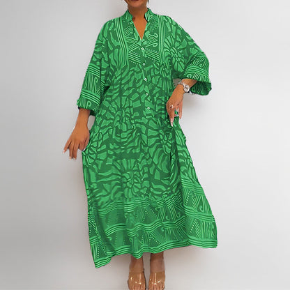 Women’s Midi Dress – Loose Fit – Lightweight Fabric – Printed – Button Front – Rolled Sleeves