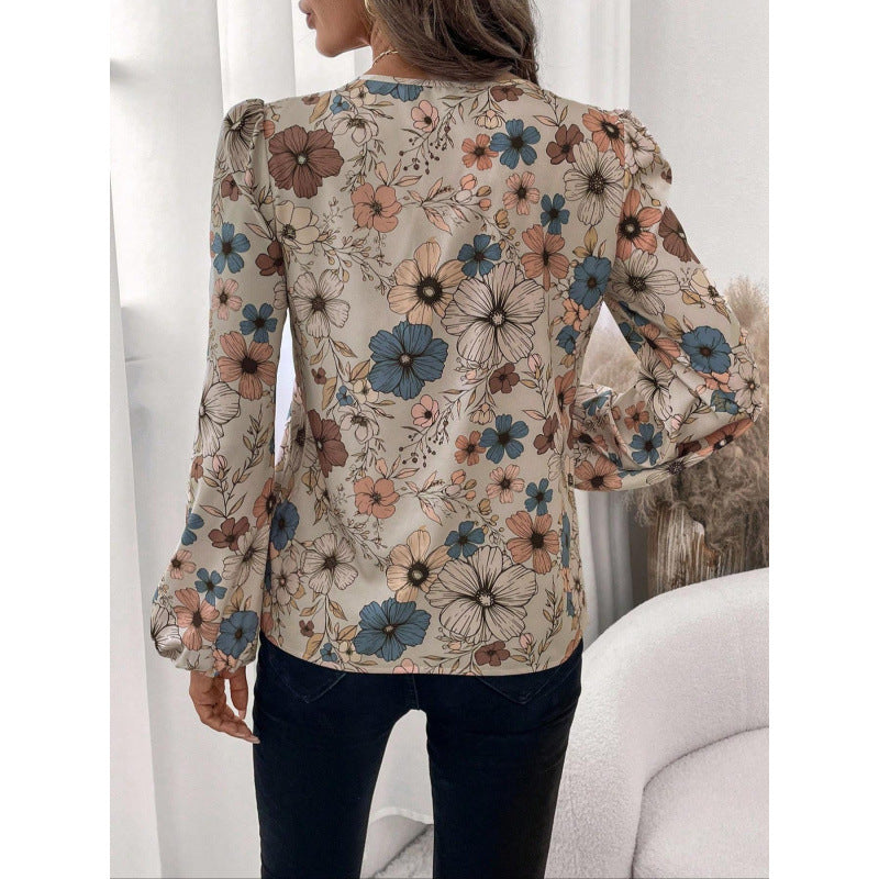 Women’s Long Sleeve Blouse – Relaxed Fit – Floral Print – Cotton – Puff Sleeves