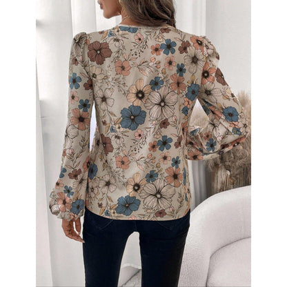 Women’s Long Sleeve Blouse – Relaxed Fit – Floral Print – Cotton – Puff Sleeves