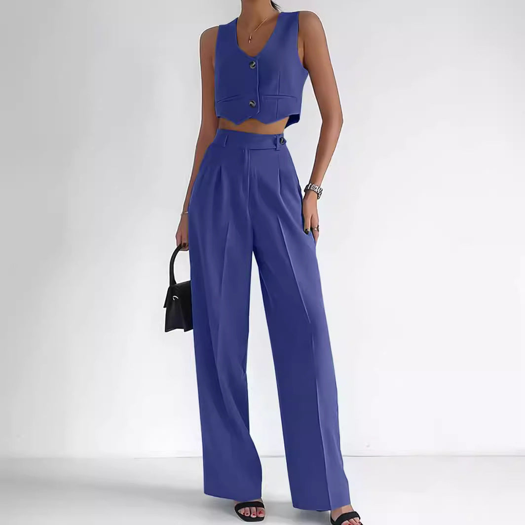Women’s Two-Piece Set – Tailored Fit – V-Neck – Button Front – Structured Silhouette