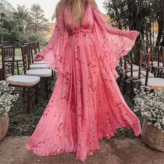 Women's Maxi Dress - Satin - Flowing Silhouette - Deep V-Neck - Empire Waist