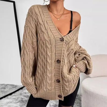 Women’s Cardigan – Cable Knit – Oversized Fit – V-Neck – Button Front – Long Sleeve