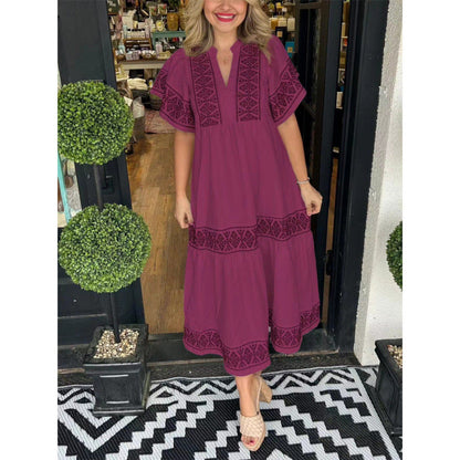 Women’s Midi Dress – Relaxed Fit – V-Neck – Printed Trim – Pleated Hem – Cotton Feel