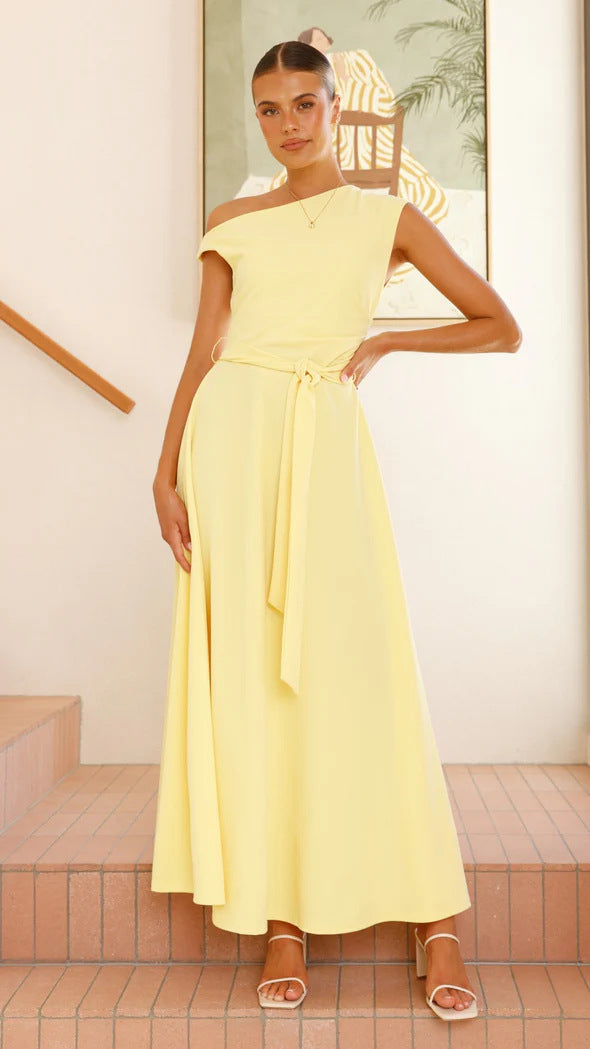 Women’s Maxi Dress – One-Shoulder – Satin Finish – Waist Tie – Elegant Silhouette