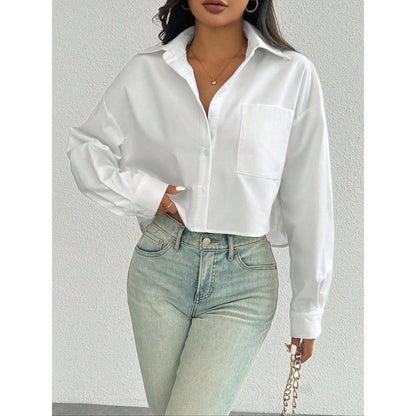 Women’s Button-Down Shirt – Oversized Fit – Cropped Length – Cotton Blend – Casual Style