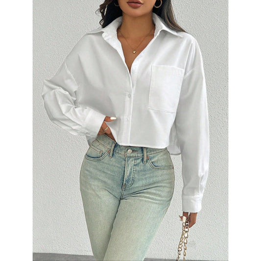 Women’s Button-Down Shirt – Oversized Fit – Cropped Length – Cotton Blend – Casual Style