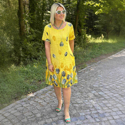 Women’s A-Line Dress – Floral Print – Short Sleeve Cotton – Midi Length – Side Pockets