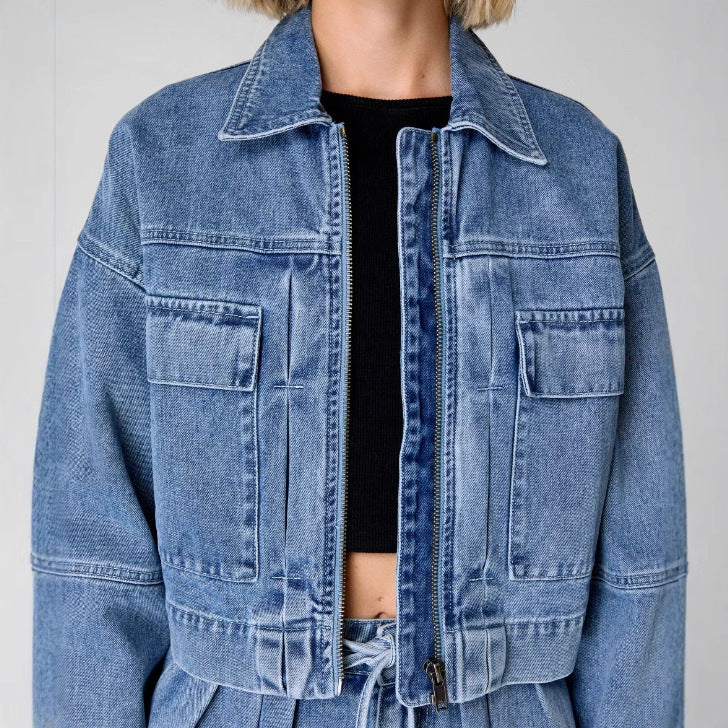 Women’s Denim Jacket – Oversized Fit – Cropped Length – Zip Front – Utility Pockets