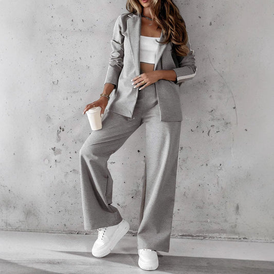 Women’s Blazer Set – Relaxed Fit – Notched Collar – Wide-Leg Trousers – Breathable Fabric