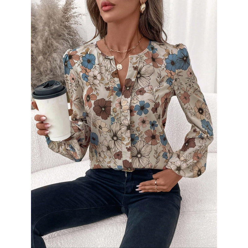 Women’s Long Sleeve Blouse – Relaxed Fit – Floral Print – Cotton – Puff Sleeves