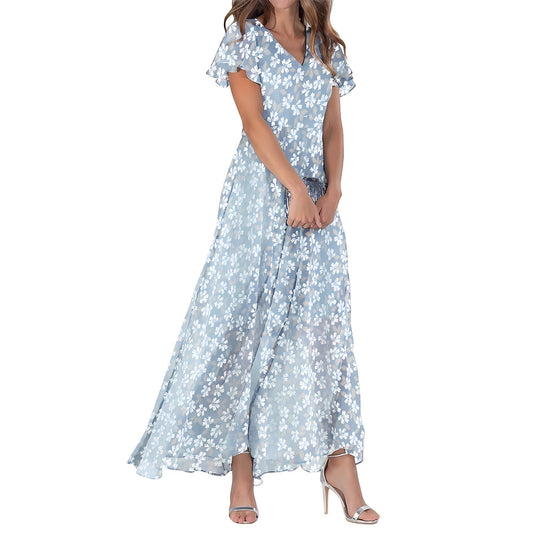 Women’s Maxi Dress – Luxury Fabric – Flowy Fit – V-Neck – Flutter Sleeve – Floral Print