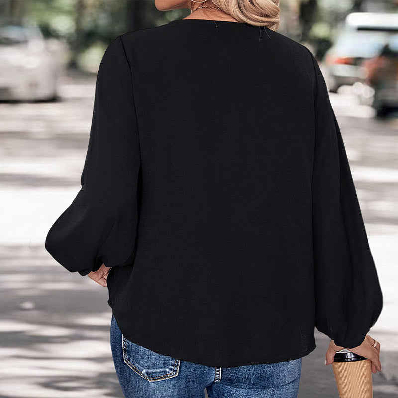 Women’s Blouse – V-Neck – Loose Fit – Long Puff Sleeve – Contrast Panel Design