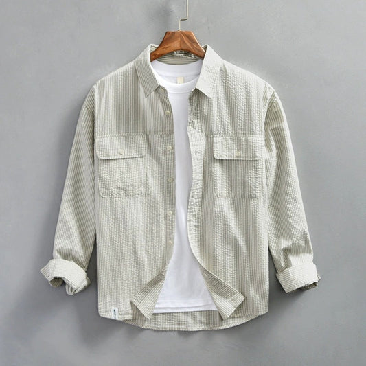 Men’s Button-Up Shirt – Lightweight Cotton – Relaxed Fit – Striped – Long Sleeve