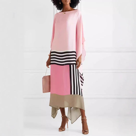 Women’s Maxi Dress – One Shoulder – Loose Fit – Asymmetrical Hem – Striped Panels