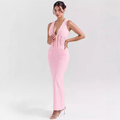 Women’s Lace Dress – Full Length – Fitted High Waist – Sleeveless Plunging Neckline