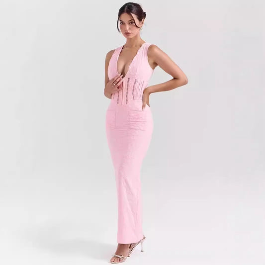 Women’s Lace Dress – Full Length – Fitted High Waist – Sleeveless Plunging Neckline
