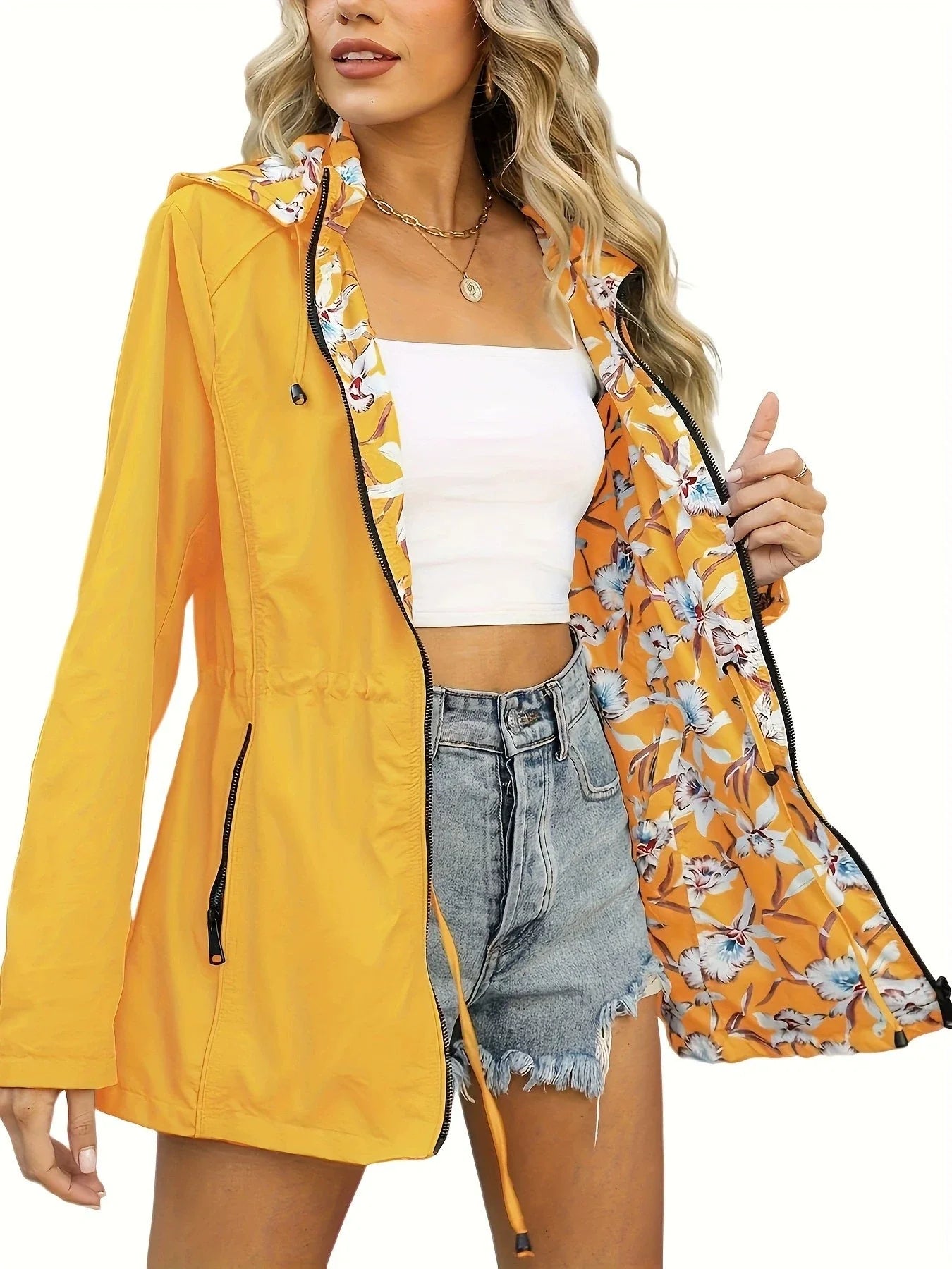 Women’s Windbreaker Jacket – Slim Fit – Waterproof – Hooded – Zip Front – Drawstring Waist
