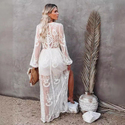 Women’s Long Dress – Lace & Chiffon – Deep V-Neck – Sheer Sleeves – High Slit Fit