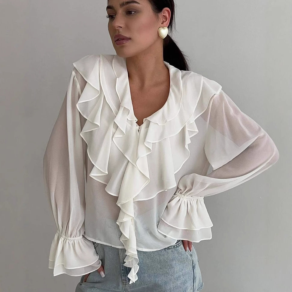 Women’s Blouse – Ruffle V-Neck – Relaxed Fit Long Sleeve