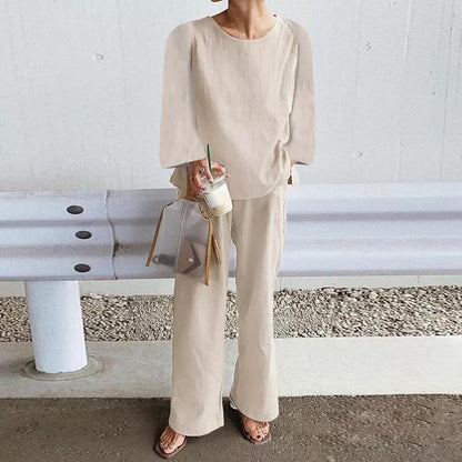 Women’s Two-Piece Set – Linen Fabric – Relaxed Fit – Long Sleeve Top – Wide Leg Pants