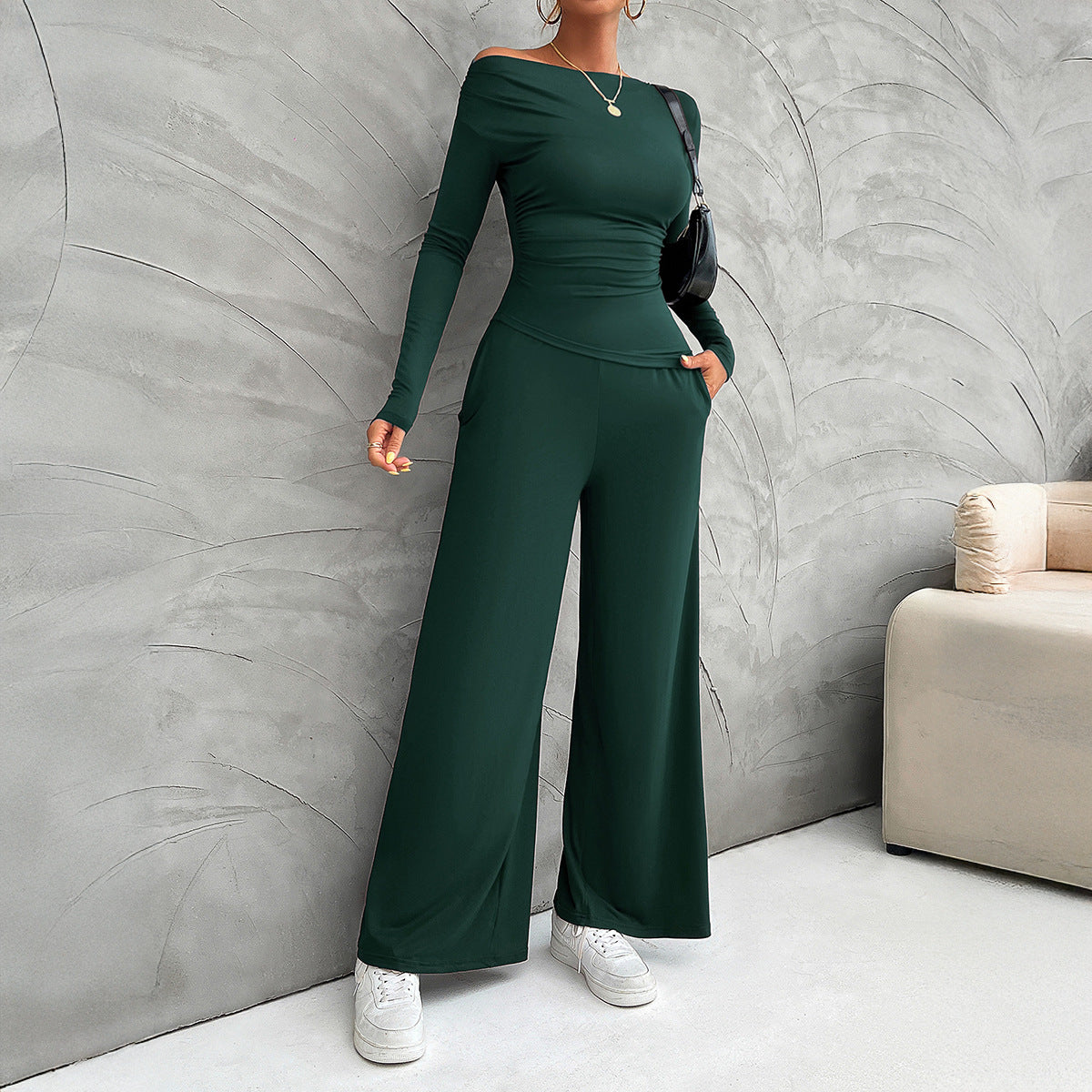 Women’s Matching Set – Slim Fit Long Sleeve Top – High Waist Wide Leg Pants