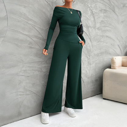 Women’s Matching Set – Slim Fit Long Sleeve Top – High Waist Wide Leg Pants