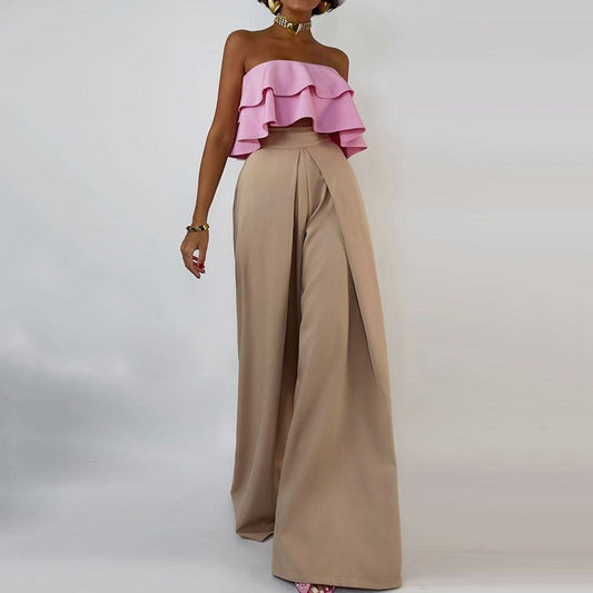 Women’s Strapless Jumpsuit – Ruffled Bodice – Wide Leg – Asymmetrical Draped Overlay